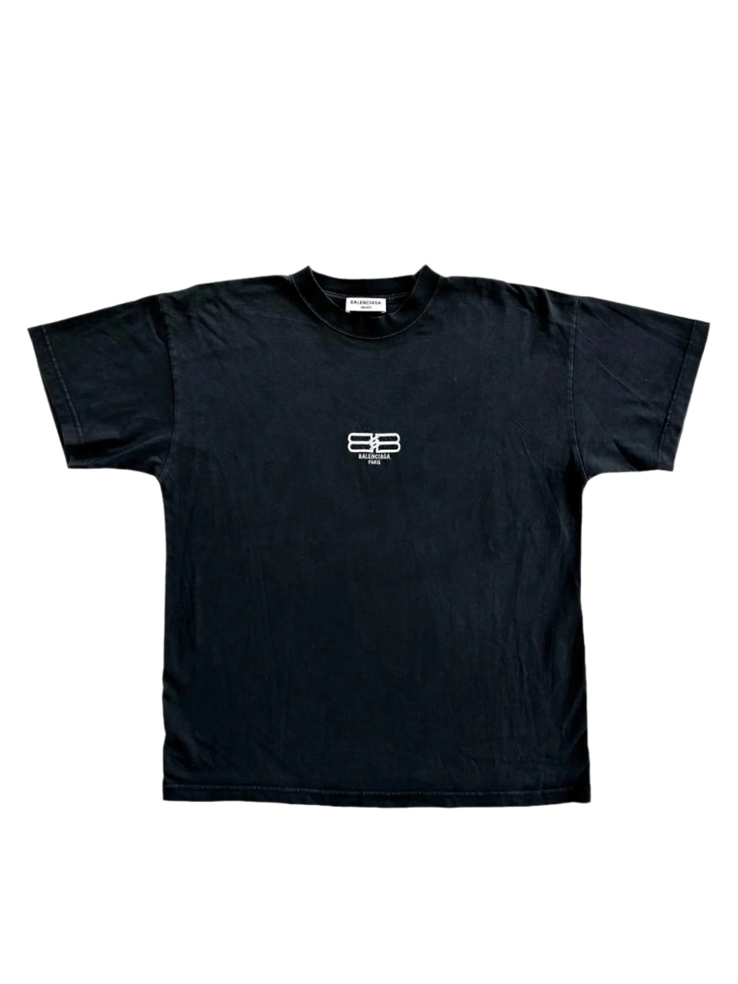 Balenciaga Washed Black & White BB Embroidered Logo T-Shirt - L